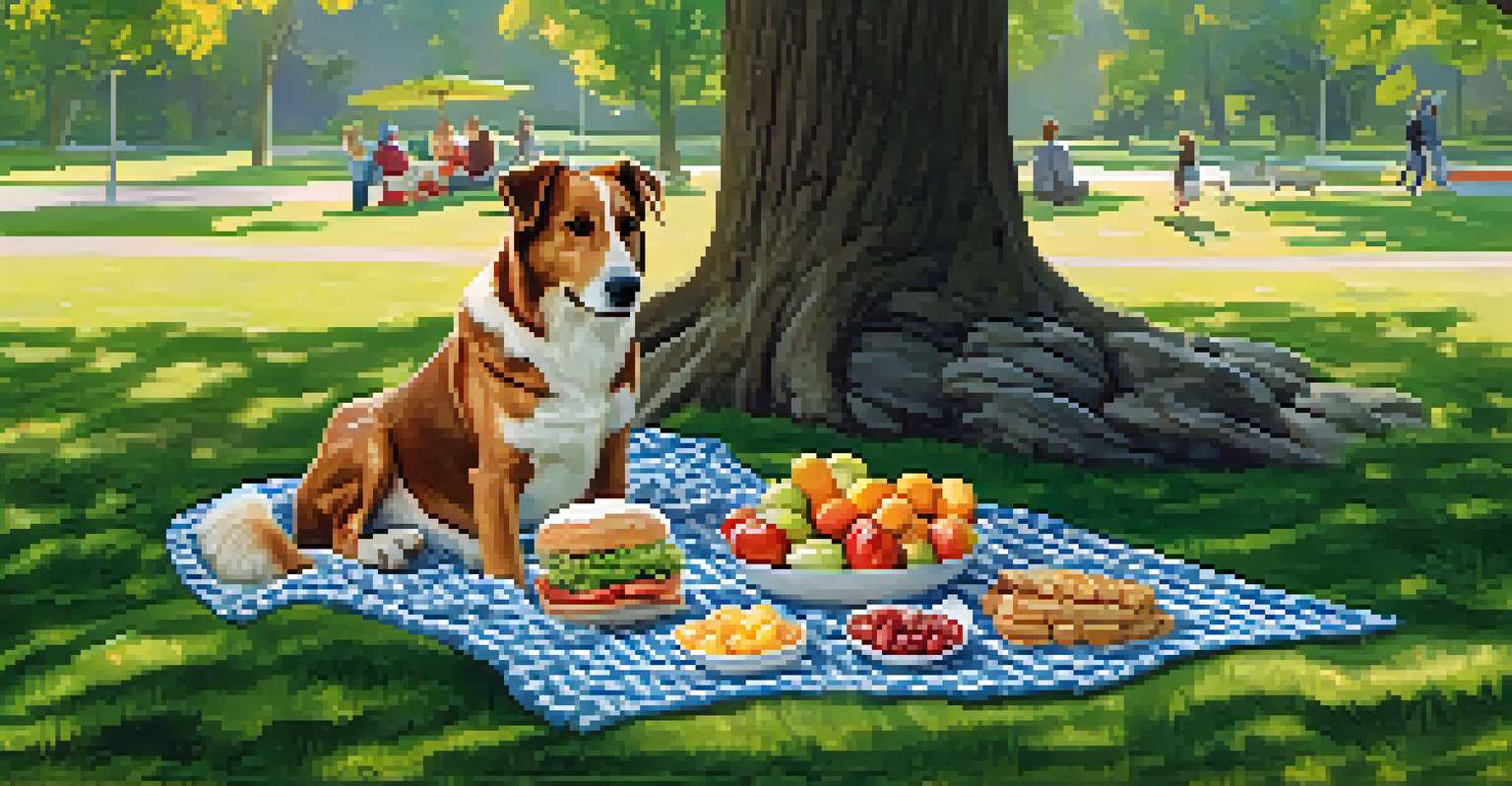 A picnic setup on a grassy area with food items on a checkered blanket and a dog running in the background.