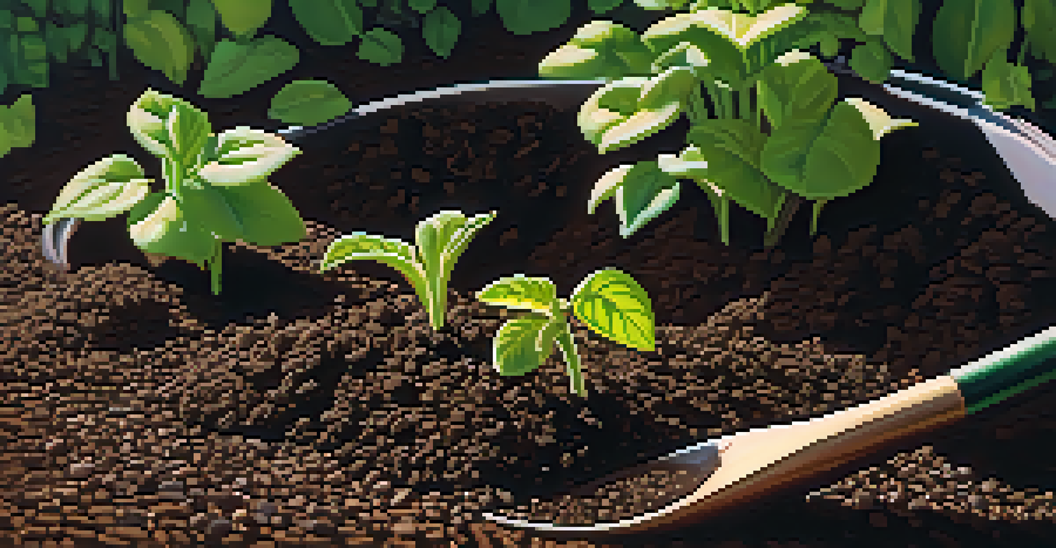 Close-up of compost being added to soil with green seedlings growing in the sunlight.
