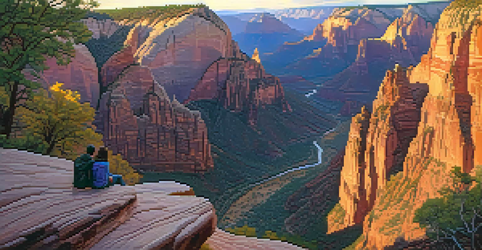 A sunset view from Observation Point in Zion National Park, featuring dramatic cliffs and colorful skies with hikers in the foreground.
