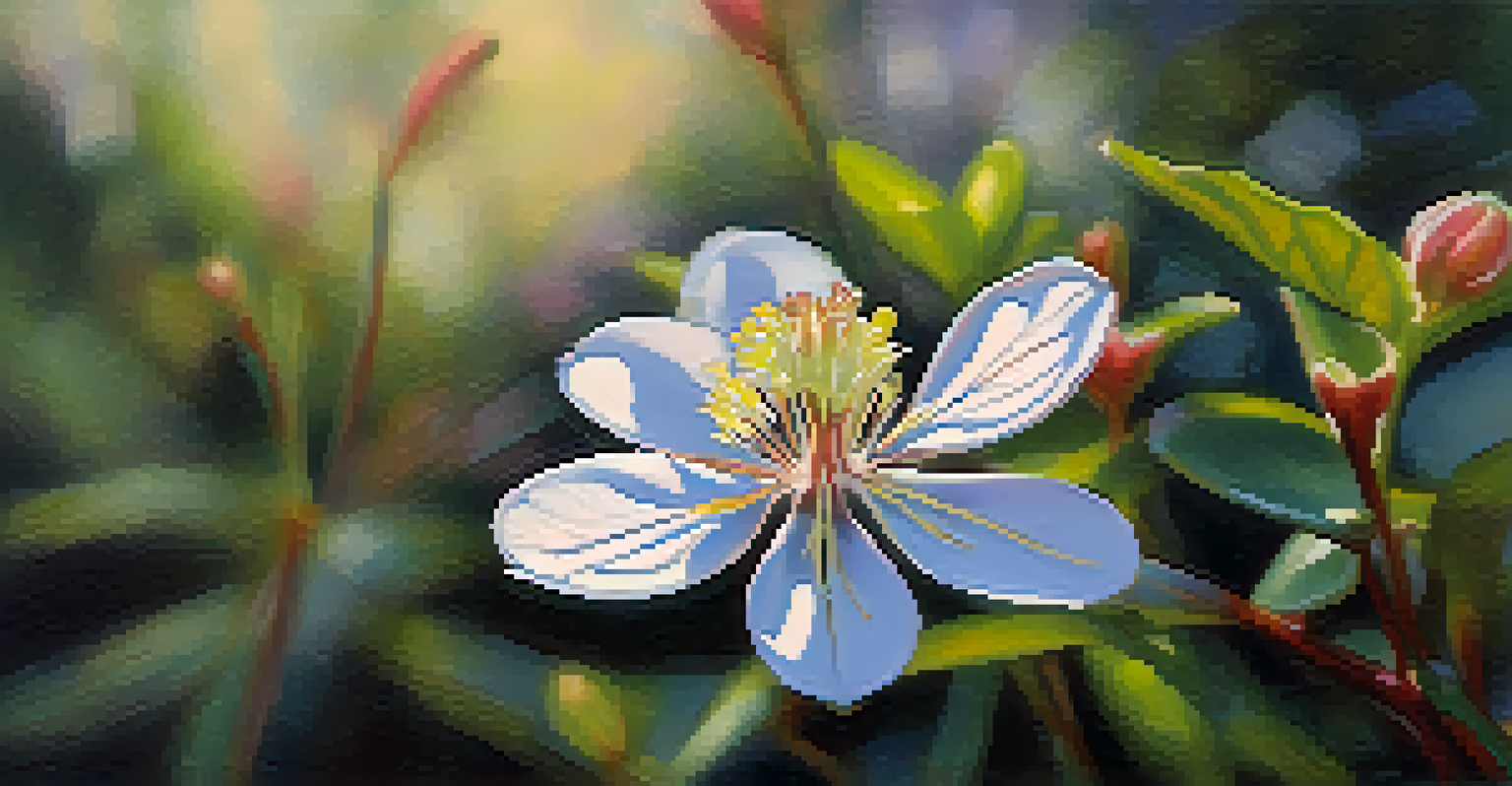 Close-up of a blooming native plant in the Santa Barbara Botanic Garden with soft sunlight filtering through the leaves.