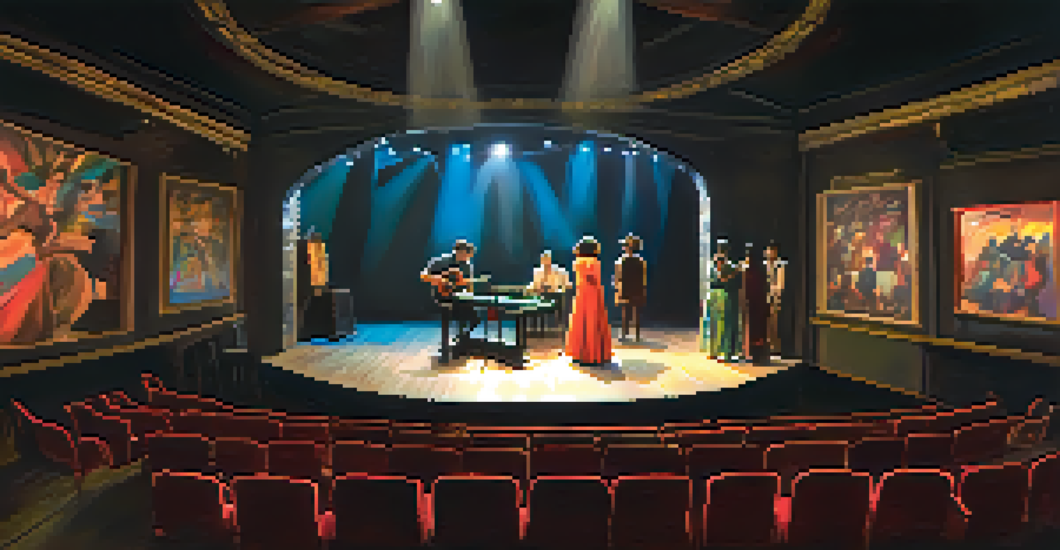 An underground theater with actors performing on a small stage under colorful lights, with an engaged audience.