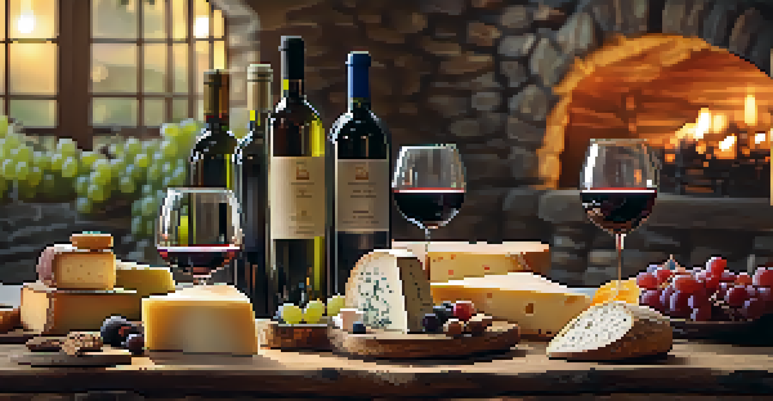 A beautifully arranged wine tasting table with glasses of wine, cheeses, and fruits in a cozy setting.