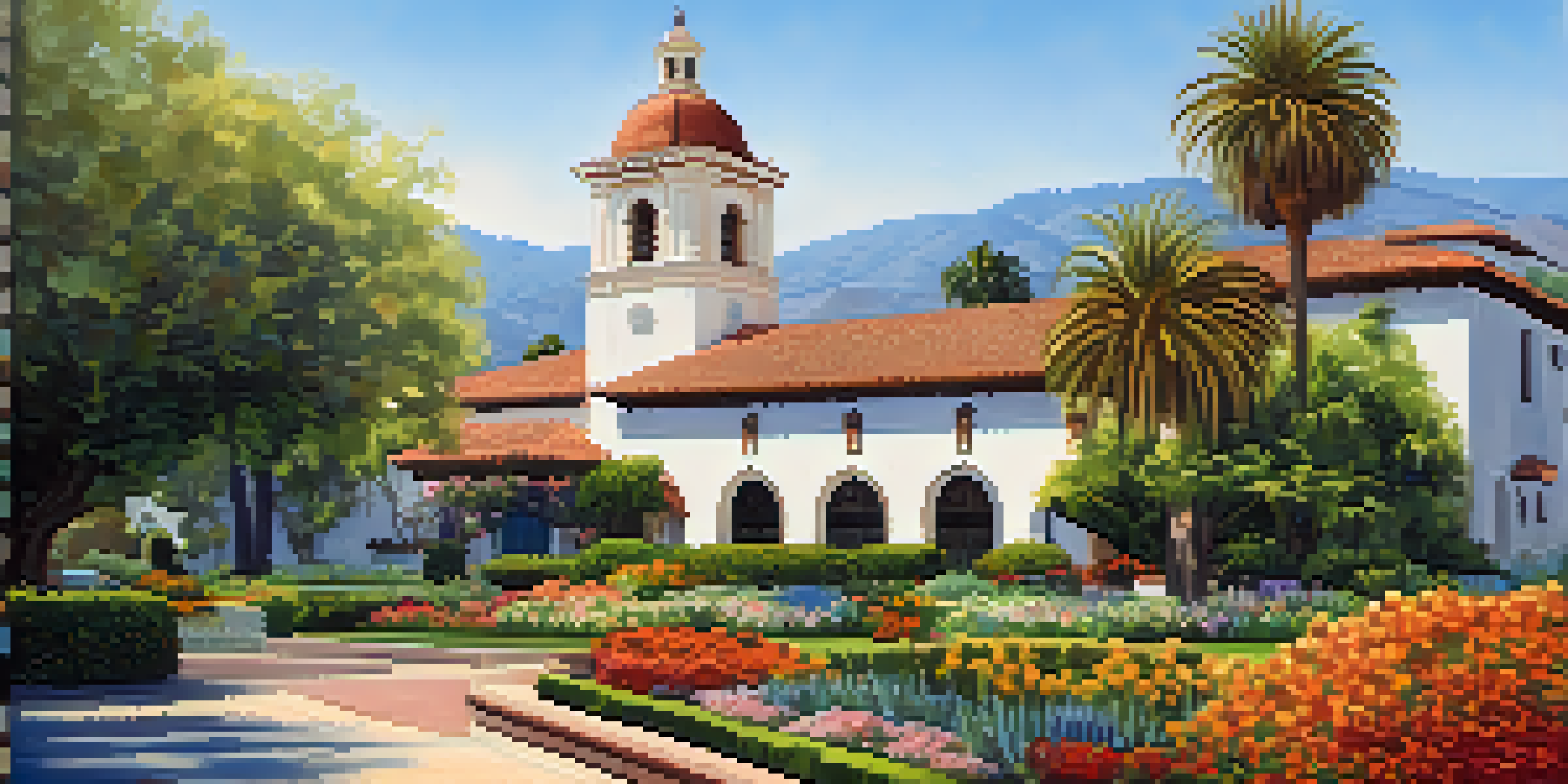 A vibrant view of Santa Barbara's Historic District showcasing Spanish Colonial architecture and colorful gardens around the Santa Barbara Courthouse.