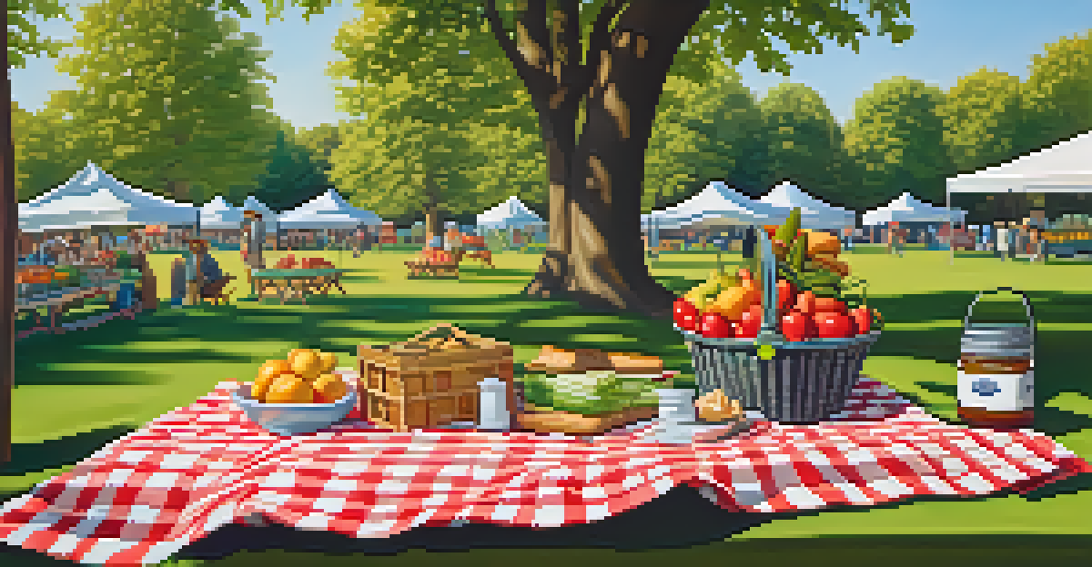 A picnic setup with fresh produce and a basket in a park near a farmers' market.