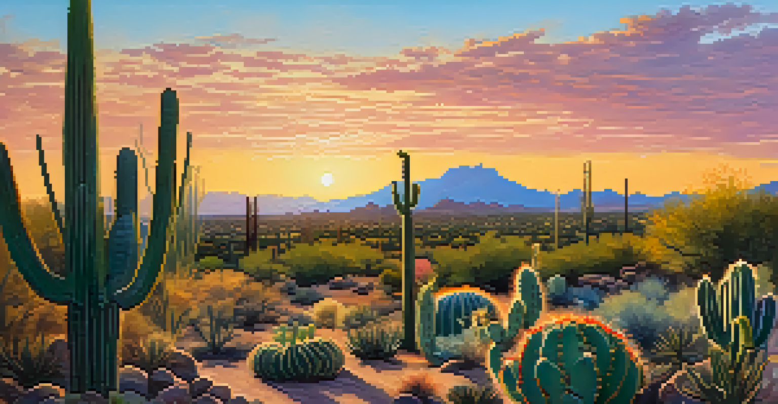 A beautiful sunset at the Desert Botanical Garden featuring various cacti and desert plants.