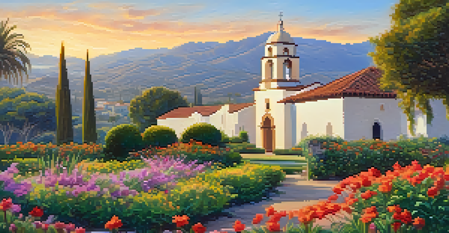 Mission Santa Barbara surrounded by gardens and hills, illuminated by golden hour light.
