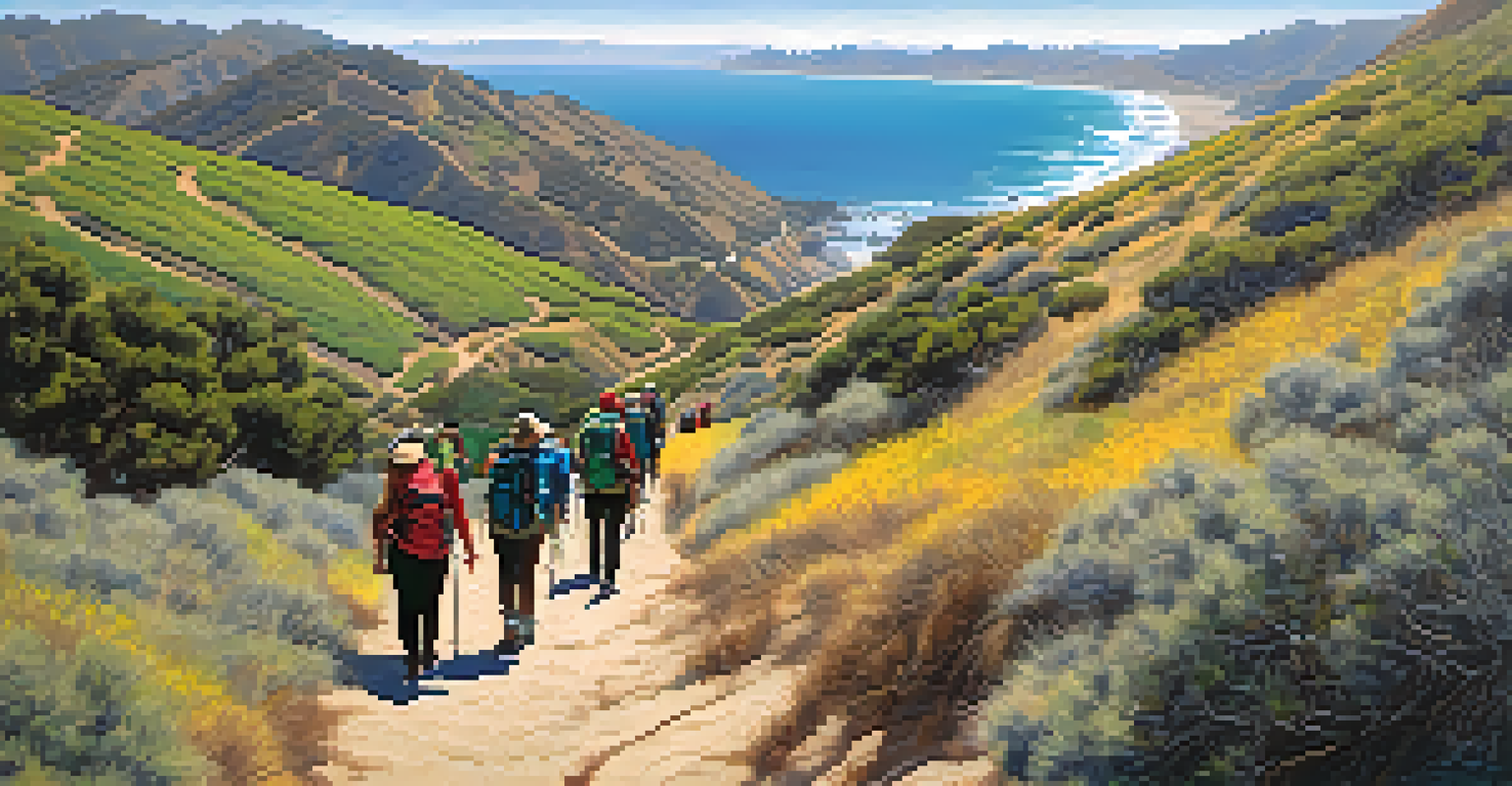 A hiking group on Tunnel Trail, climbing a rugged path with views of the coastline and Channel Islands in the distance.