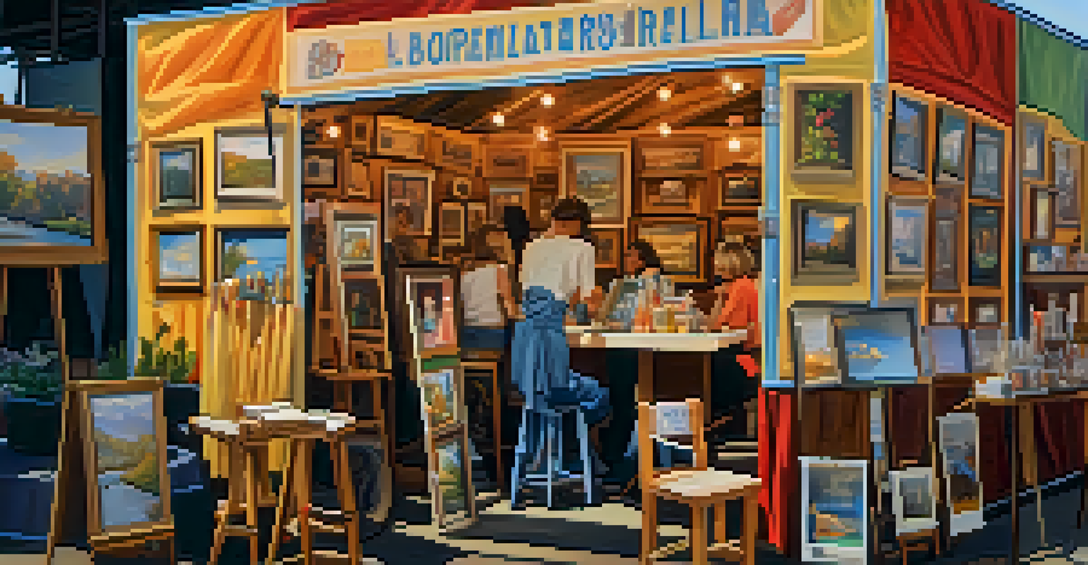 A close-up view of an inviting artist's booth at a festival, showcasing a collection of paintings and a cozy seating area.