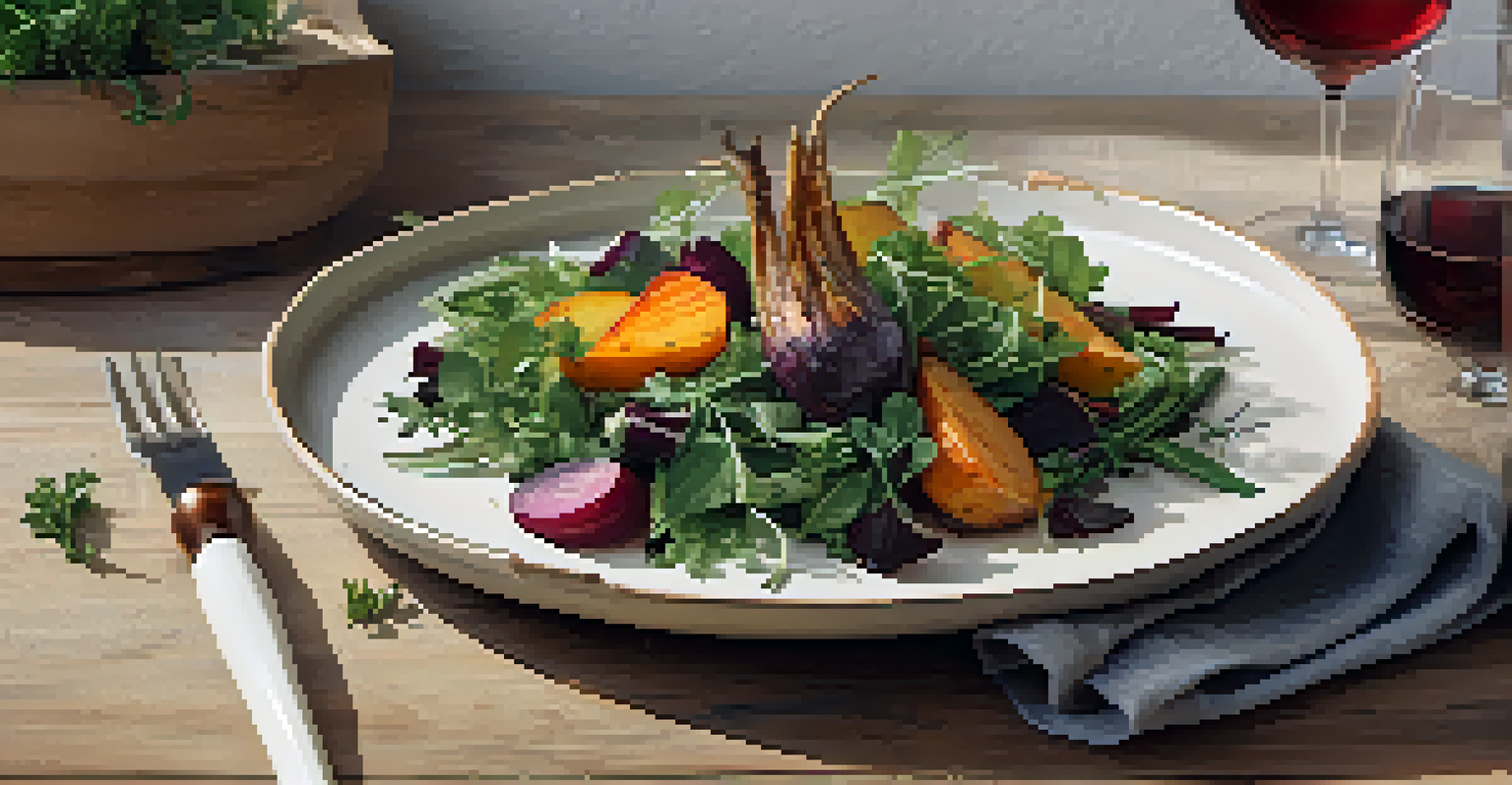 A plated dish of seasonal ingredients on a rustic wooden table.