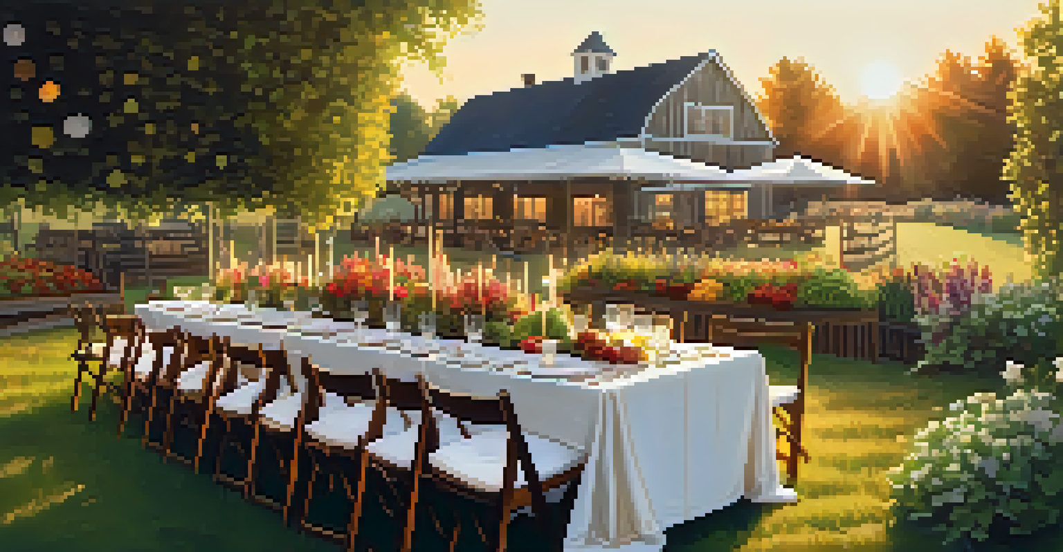 A beautiful outdoor farm-to-table dinner with guests enjoying a meal surrounded by fresh produce and flowers in warm lighting.