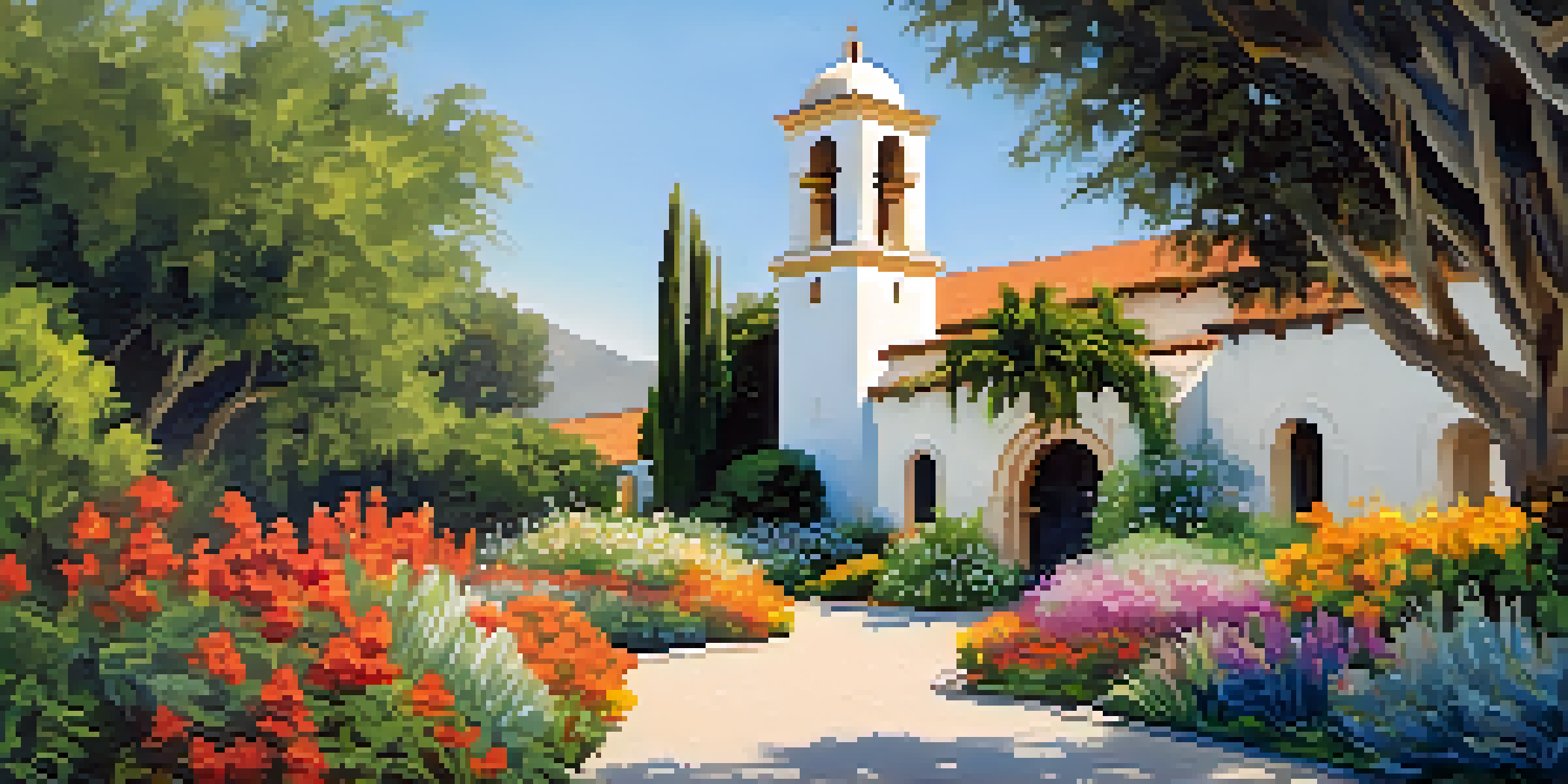 A picturesque view of Mission Santa Barbara with twin bell towers, surrounded by vibrant gardens under a clear blue sky.
