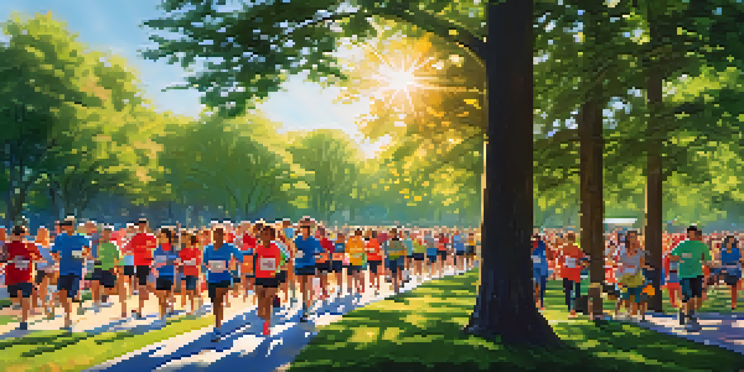 A lively scene of a charity run in a park with diverse participants running together under a clear blue sky.