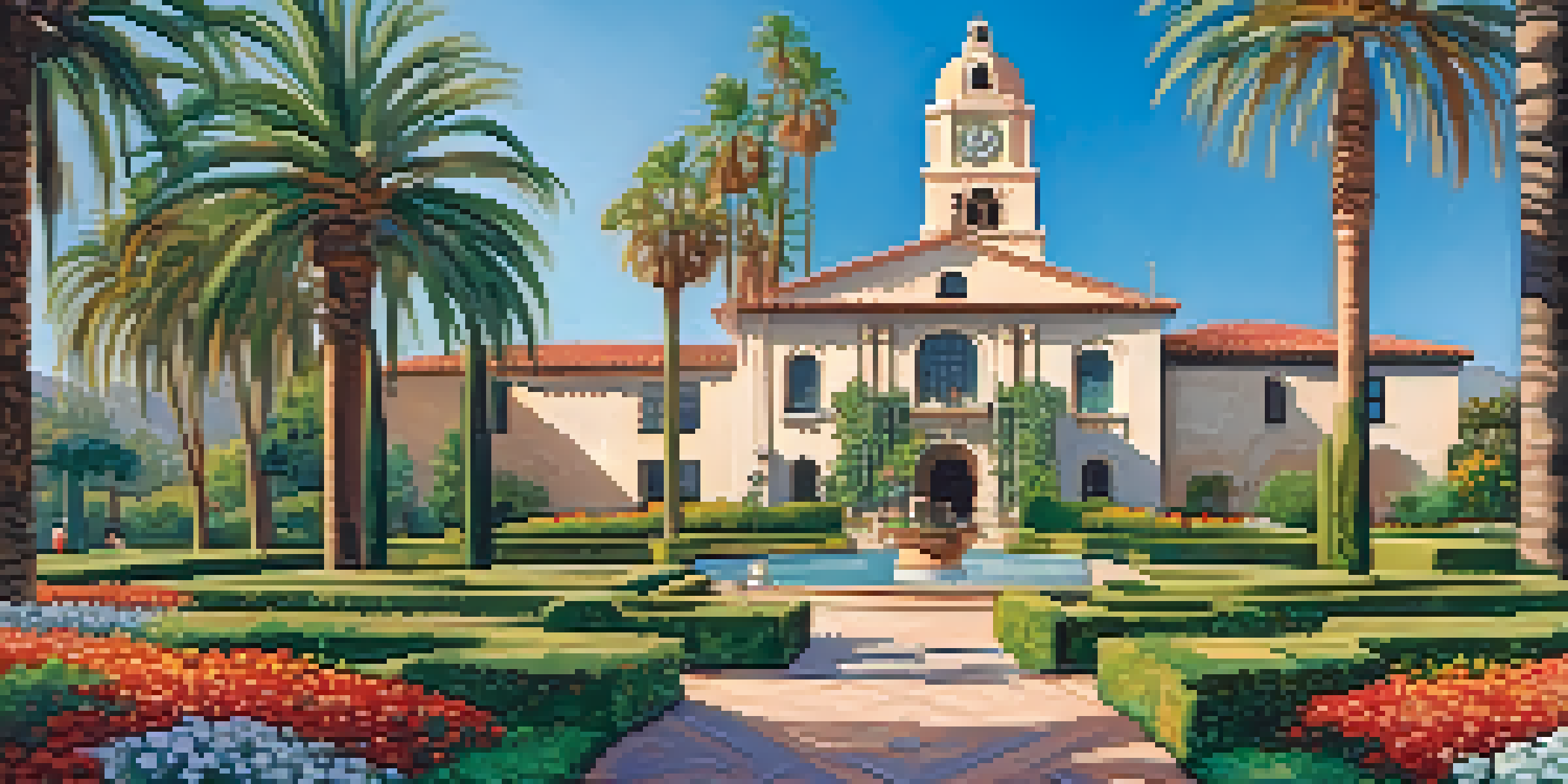 A vibrant image of the Santa Barbara Courthouse with colorful gardens and a clear blue sky.