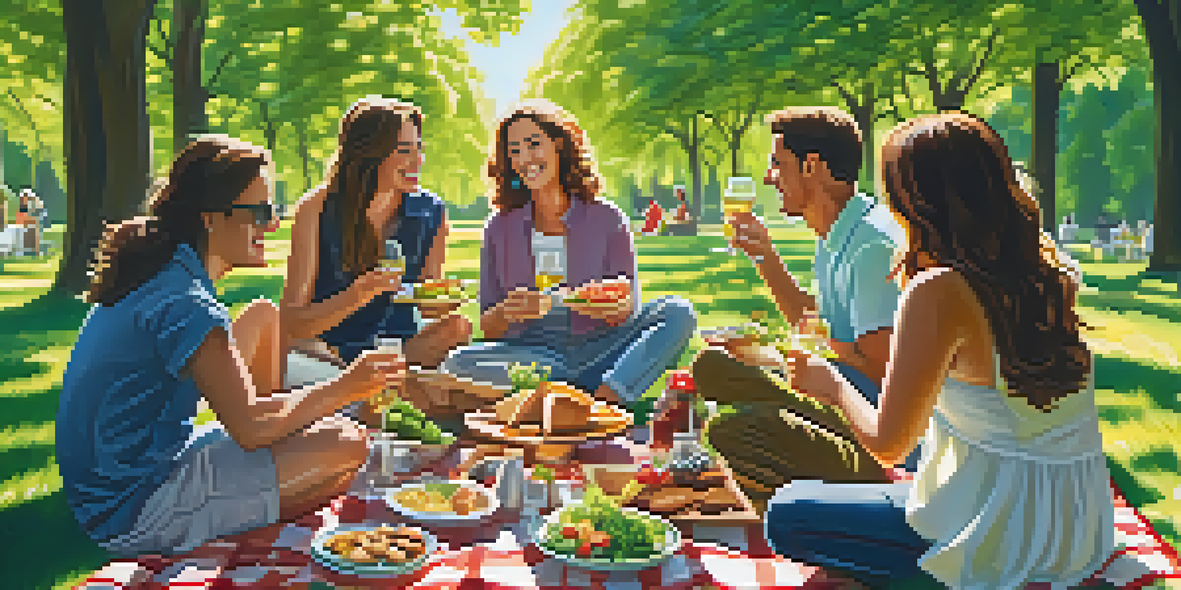 An outdoor picnic scene with friends enjoying gourmet food and wine in a sunny park.