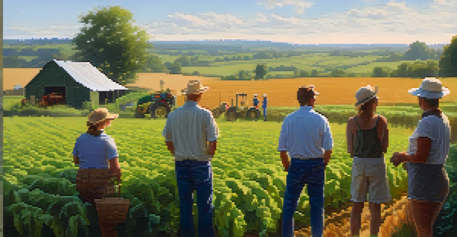 A small group of people listening to a farmer about sustainable farming practices in a lush field.
