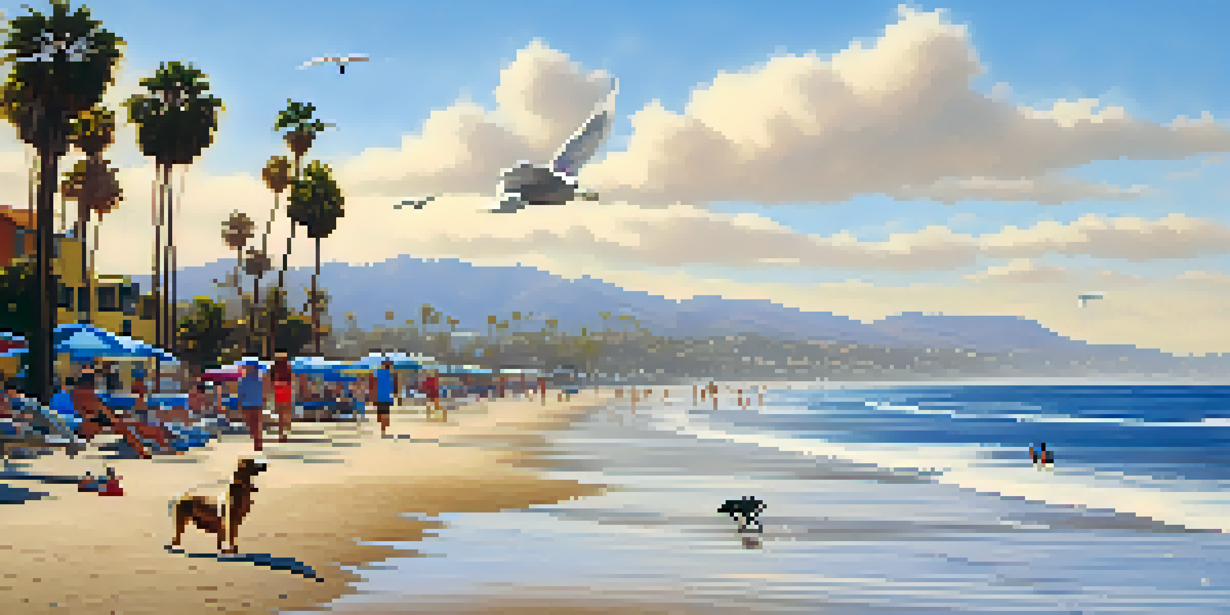 A beach with a dog chasing seagulls, beachgoers in the background, and palm trees under a blue sky.