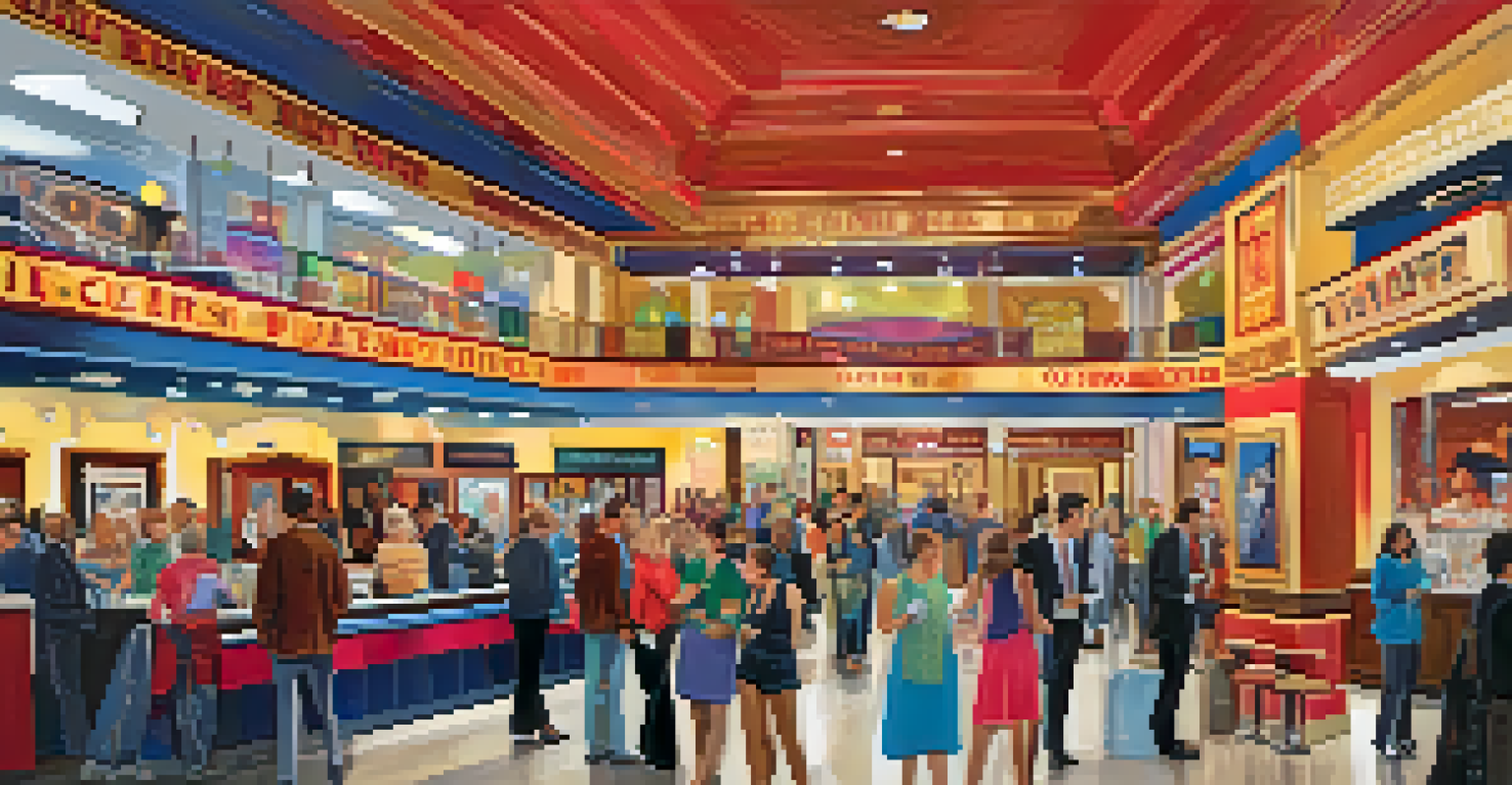 A lively theater lobby filled with patrons before a show, featuring vibrant artwork and a cheerful atmosphere.