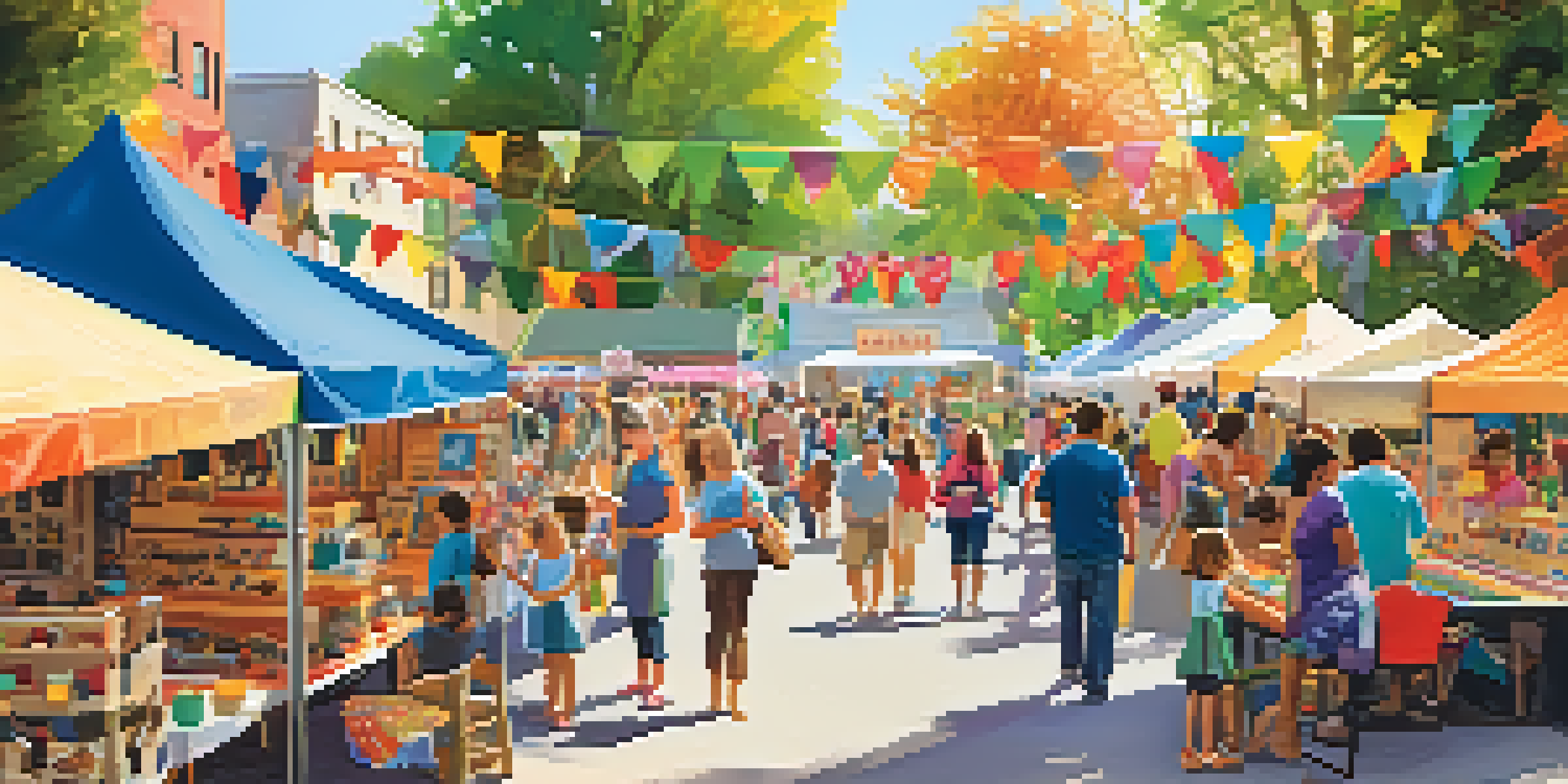 A lively craft fair with families participating in craft activities, colorful booths, and artisans showcasing their handmade crafts under bright sunlight.