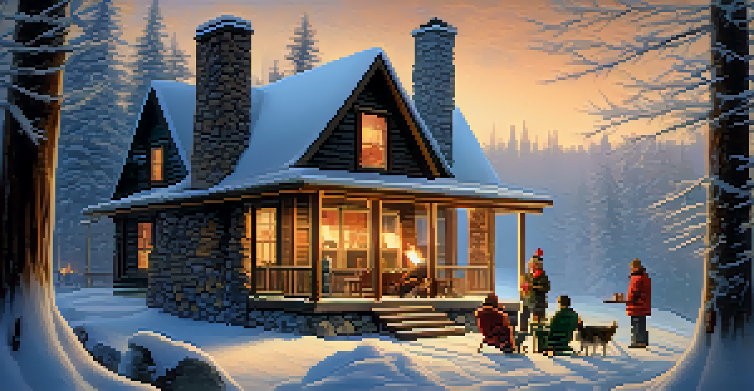 A warm cabin in a snowy landscape with friends relaxing by the fireplace, creating a cozy winter retreat atmosphere.