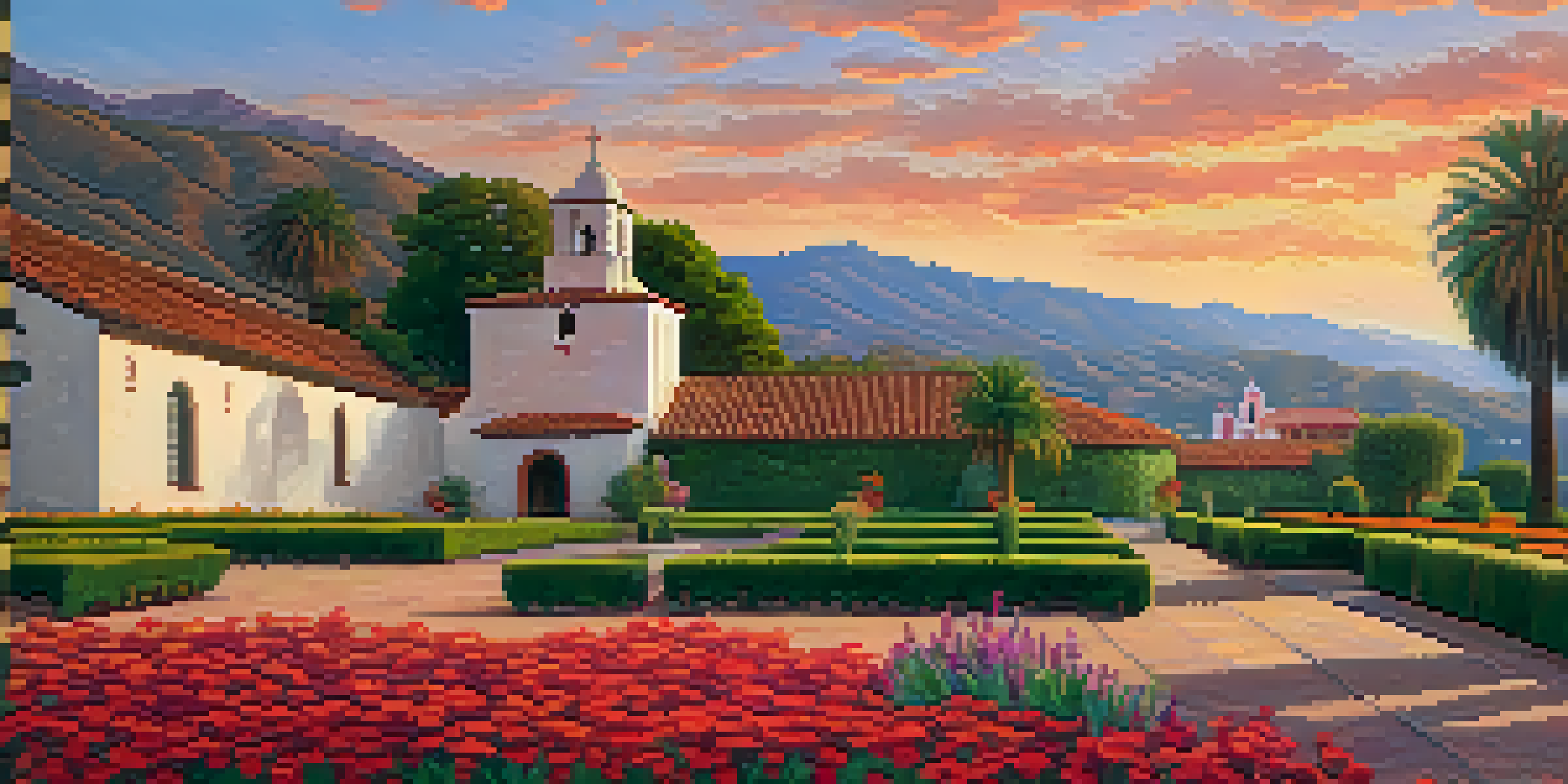 A picturesque sunset view of Santa Barbara Mission with red-tiled roofs and adobe walls, surrounded by vibrant gardens and mountains.
