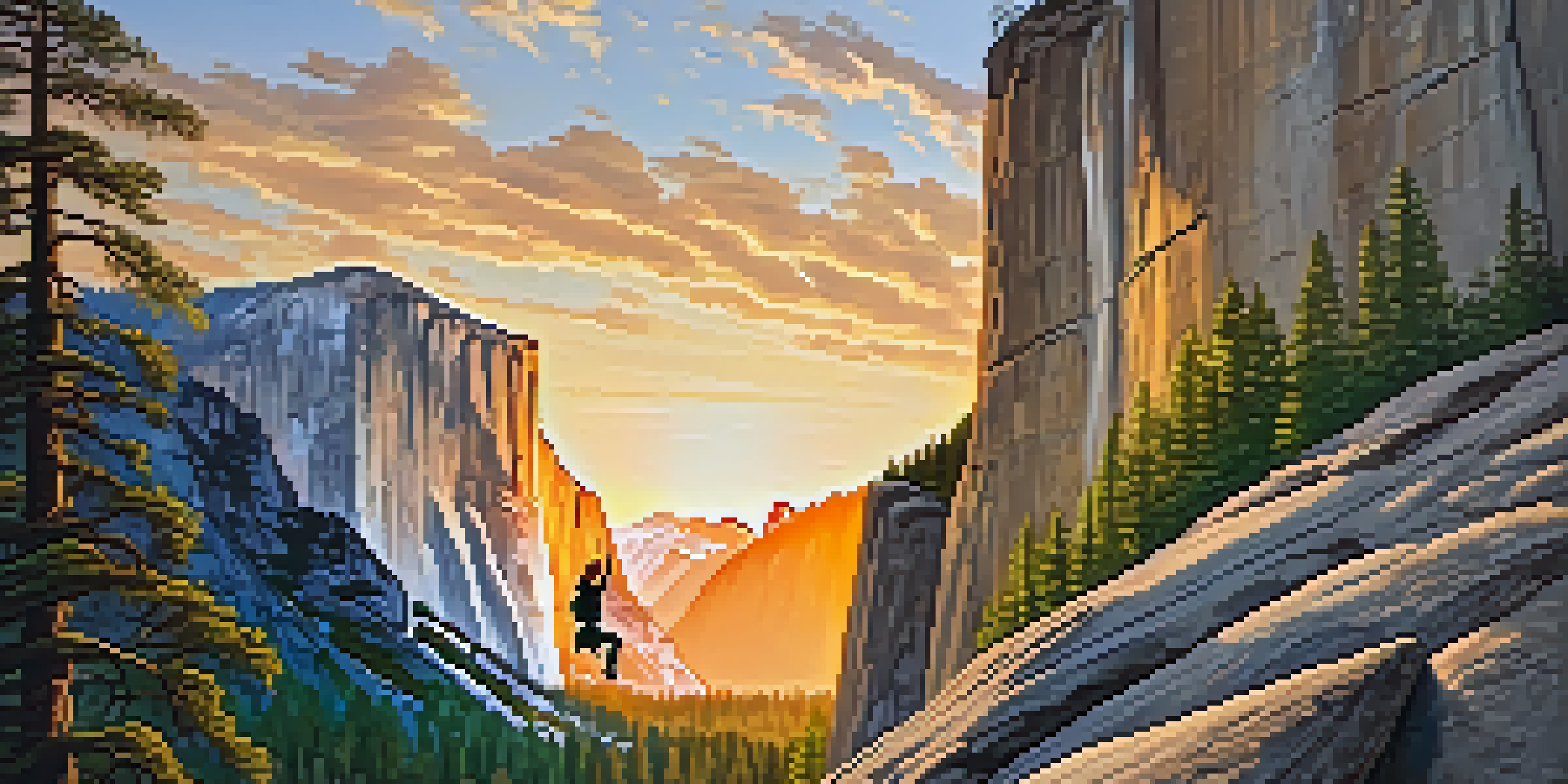 A climber on El Capitan with trees and a waterfall in Yosemite National Park during sunset.