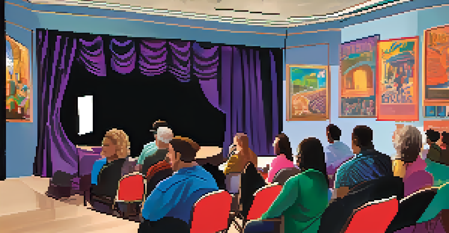 A panel discussion at a local theater with artists sharing insights, surrounded by an engaged audience and colorful theater posters.
