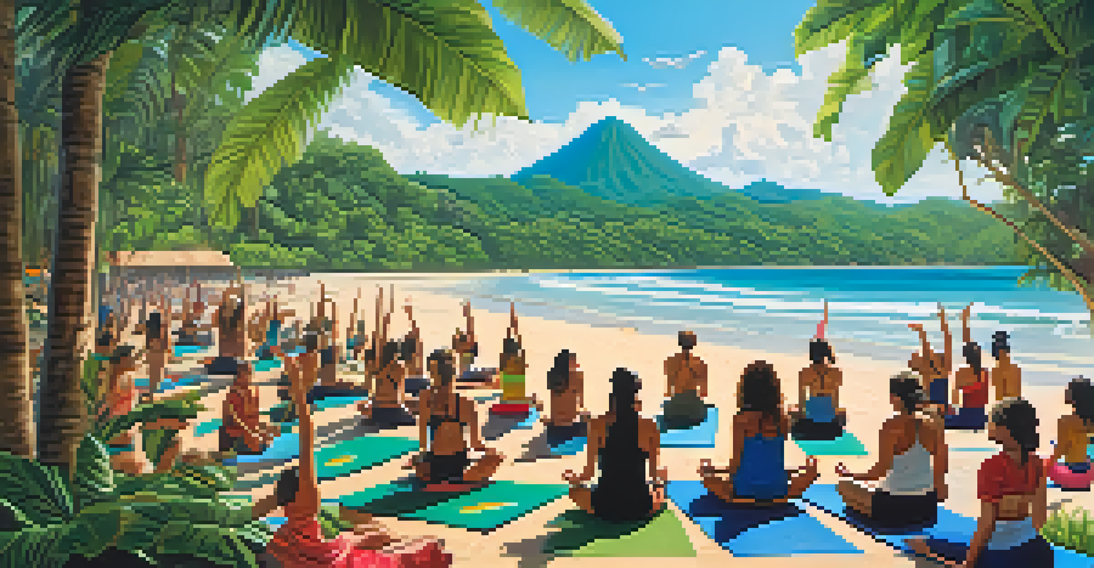 Participants practicing yoga on a beach in Costa Rica during the Envision Festival, surrounded by greenery.
