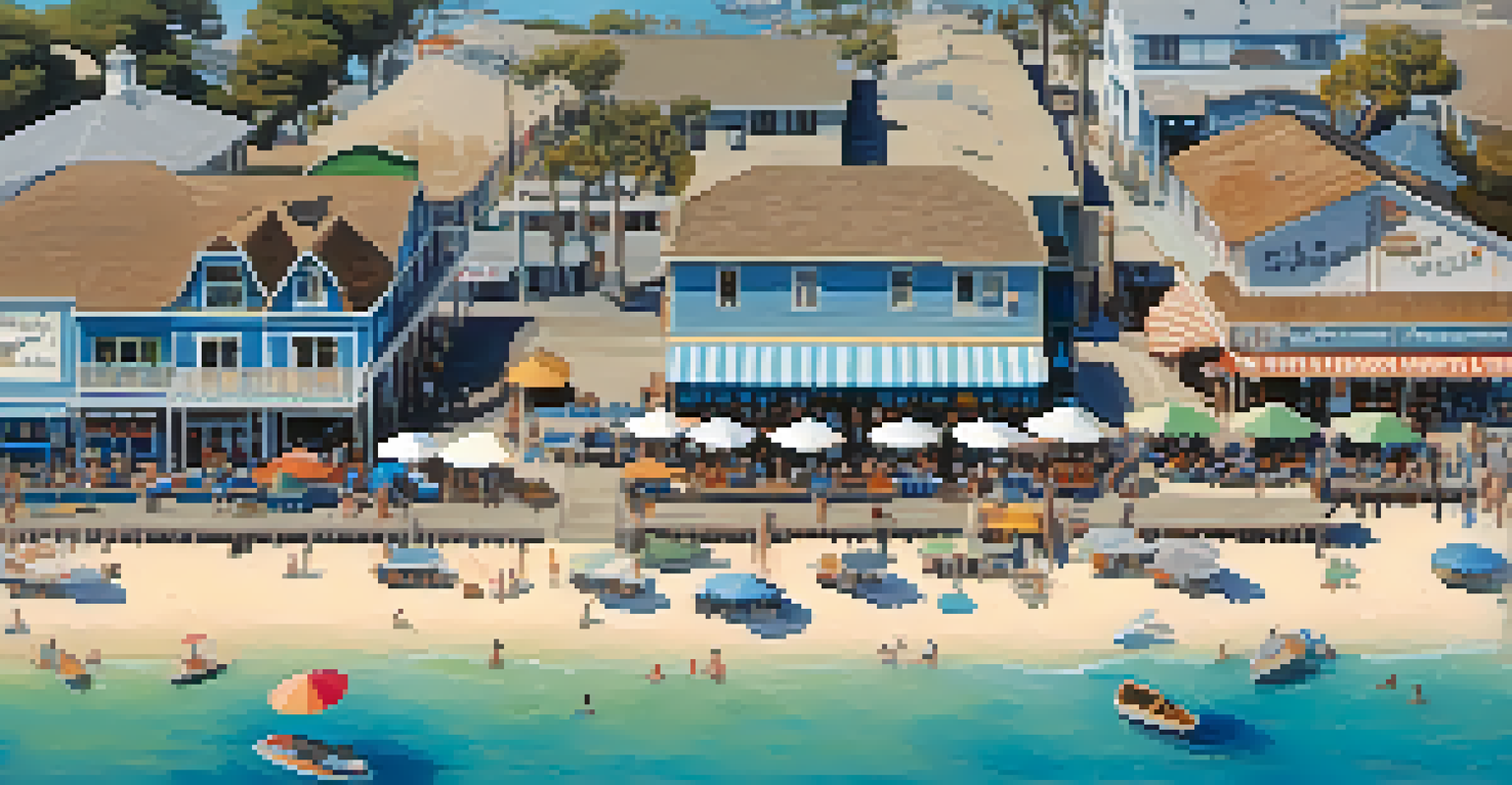 An aerial view of Stearns Wharf displaying shops, restaurants, and people enjoying the coastal atmosphere.