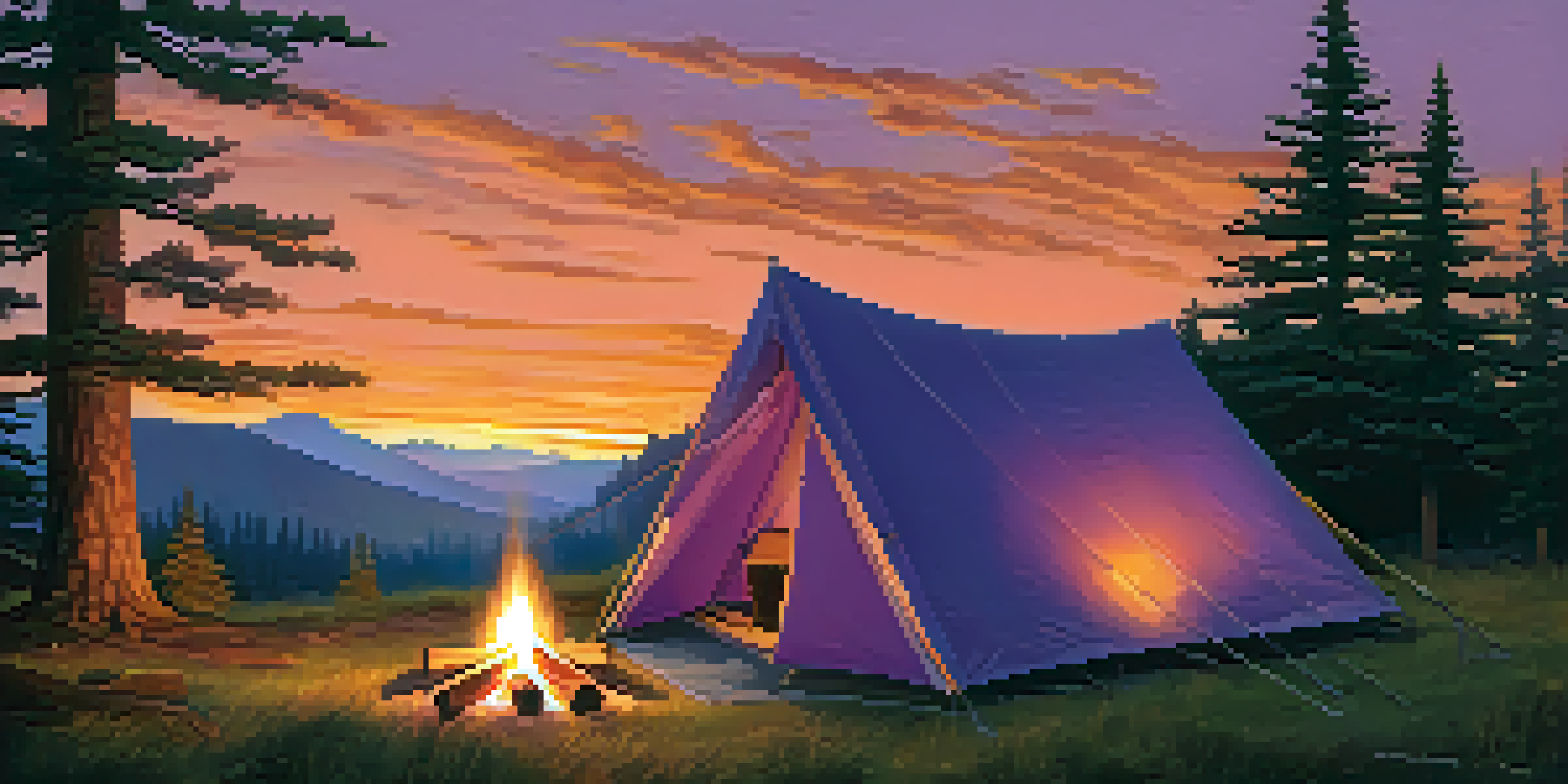A family campsite at twilight with a glowing tent and campfire surrounded by trees.