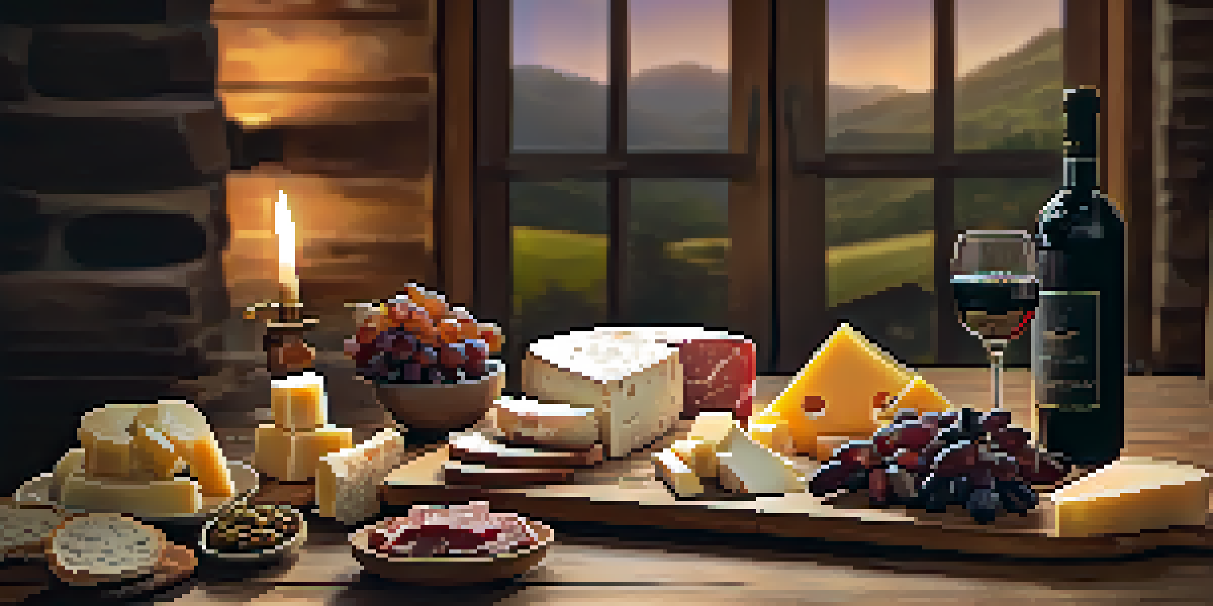 A rustic wooden table set for a wine and food pairing event, featuring a charcuterie board and glasses of red wine in warm candlelight.