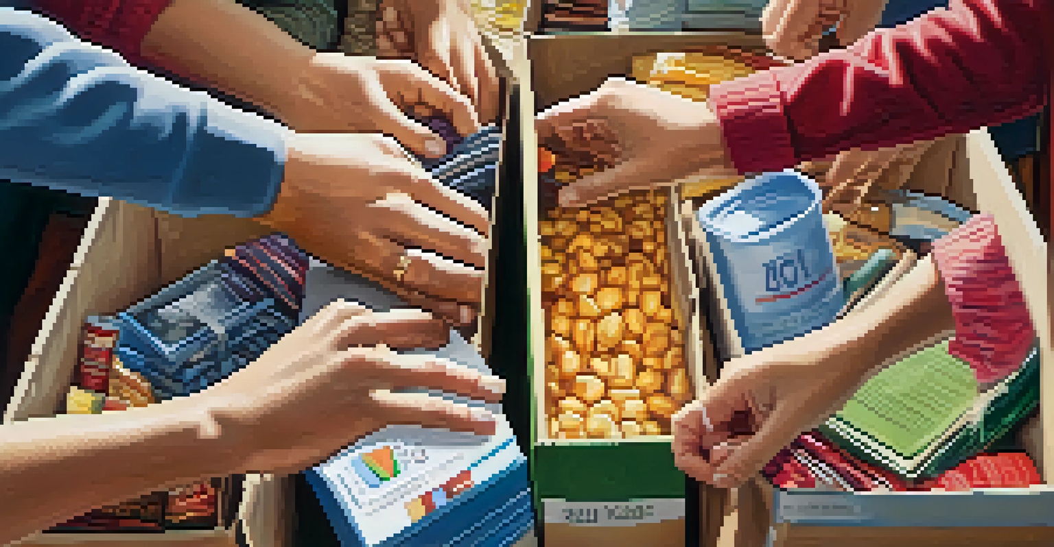 Close-up of diverse hands sorting donations at a nonprofit organization.