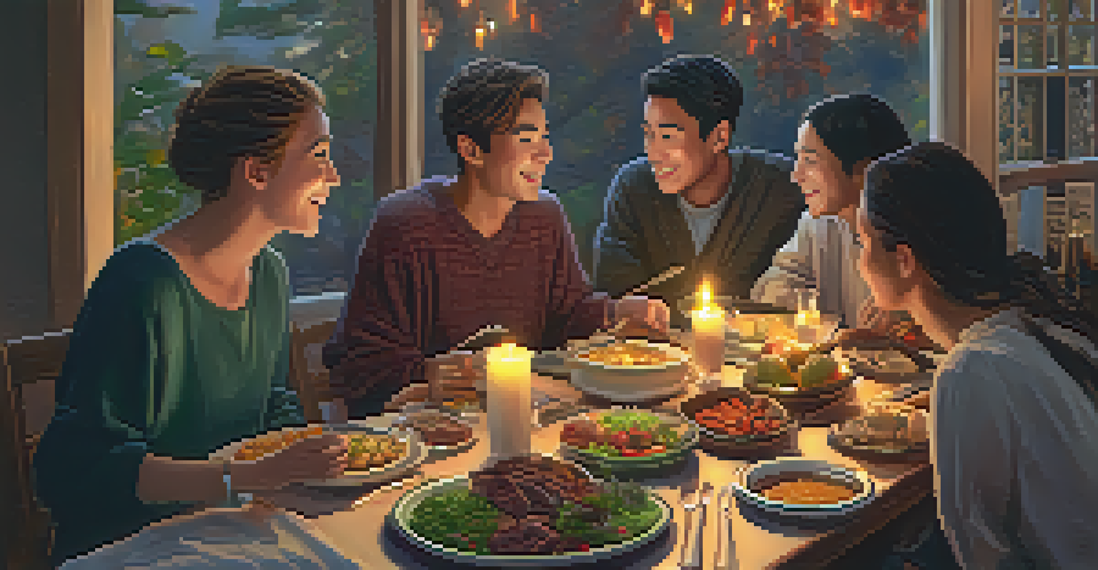 A group of exchange students from different countries sharing a meal in a cozy setting, smiling and engaged in conversation.