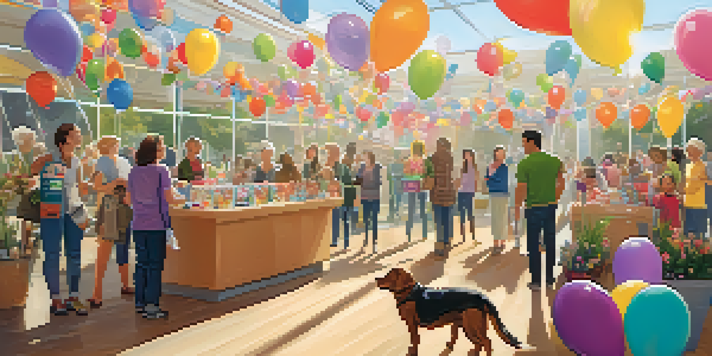A lively pet adoption event with colorful decorations and a volunteer engaging with visitors, surrounded by happy pets.