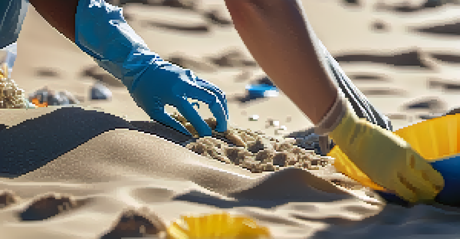 Close-up of hands in gloves picking up plastic waste from the sand during a beach cleanup.