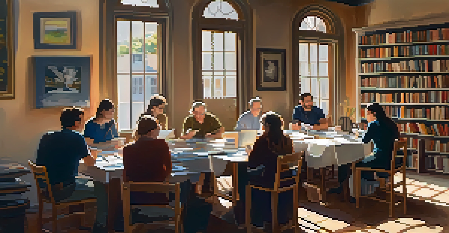 A group of aspiring authors participating in a workshop, listening attentively to a local author in a cozy indoor setting.