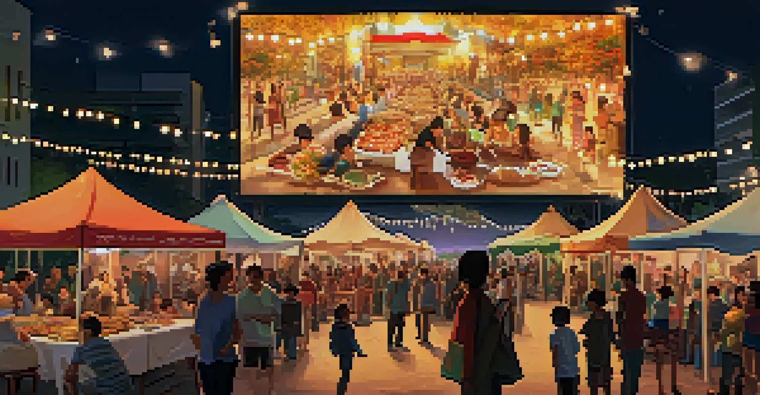 An outdoor cultural film festival at night, featuring a large screen, food stalls, and people enjoying the festive atmosphere with string lights.