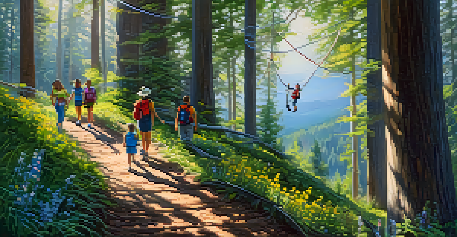 A family hiking in a forest with a zip line in the background.