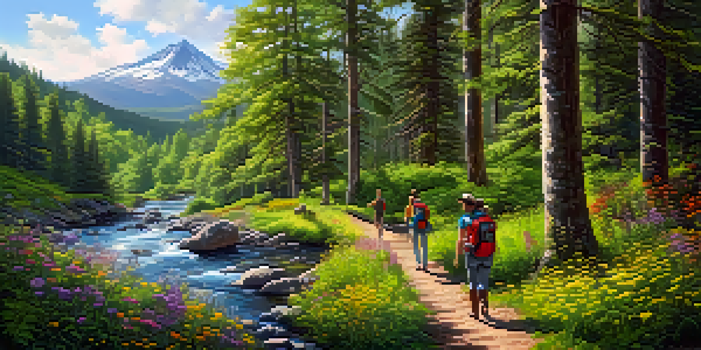 A group of travelers hiking in a lush green forest with sunlight filtering through the trees and a clear stream in the background.