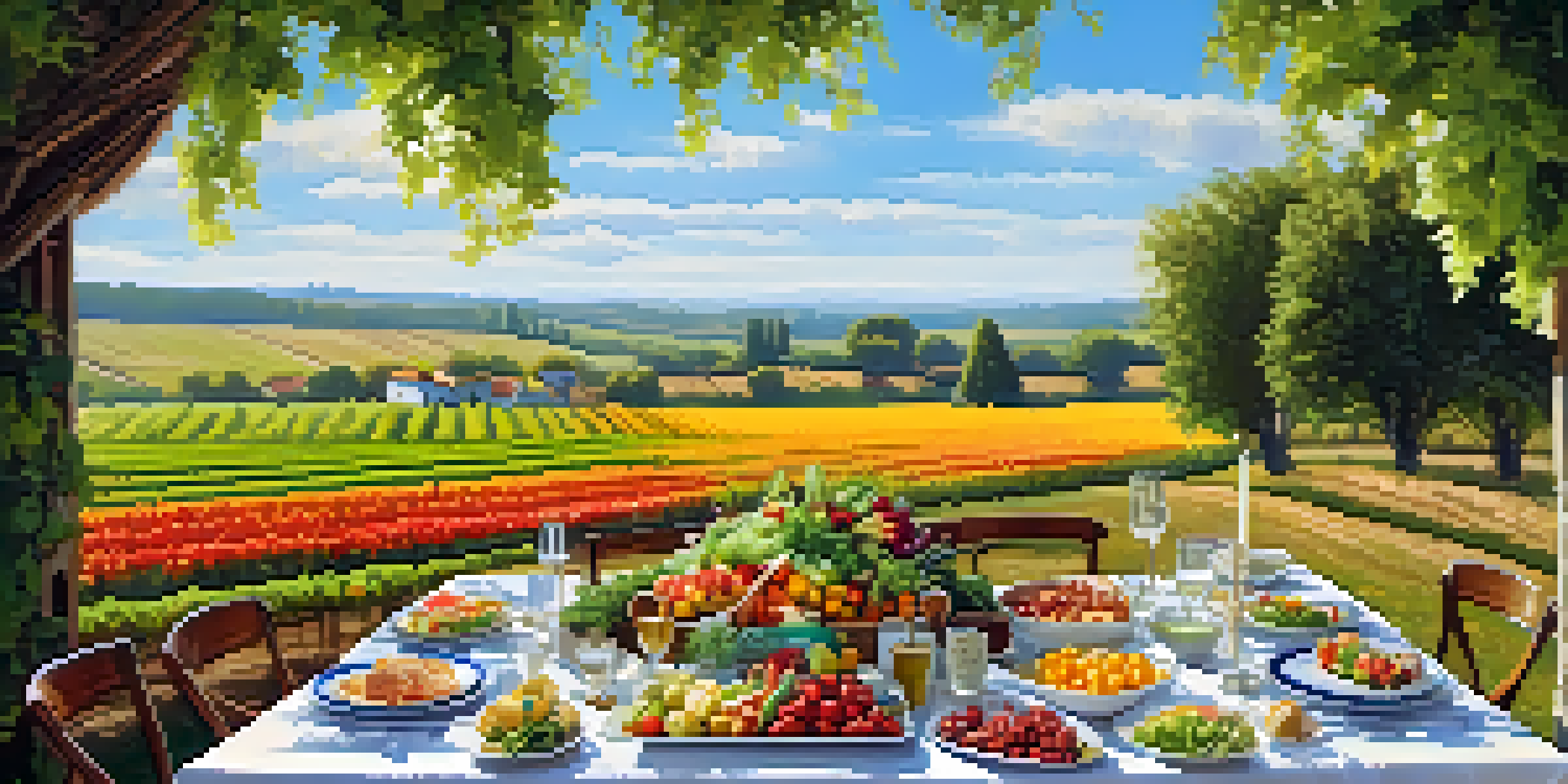 An outdoor dining setup with a long rustic table adorned with flowers and seasonal dishes, surrounded by vineyards and vegetable fields under a sunny sky.