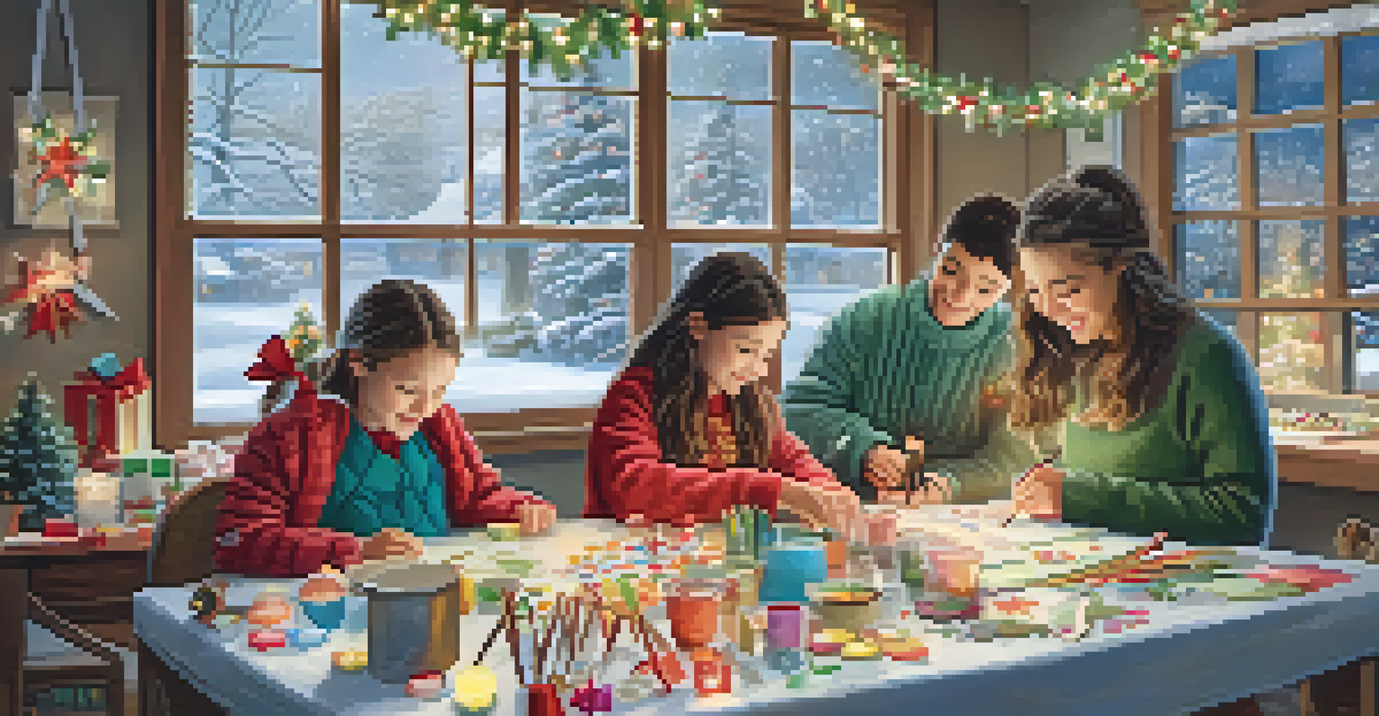 A family making holiday decorations in a cozy winter art workshop, surrounded by festive decorations and a snowy landscape outside.
