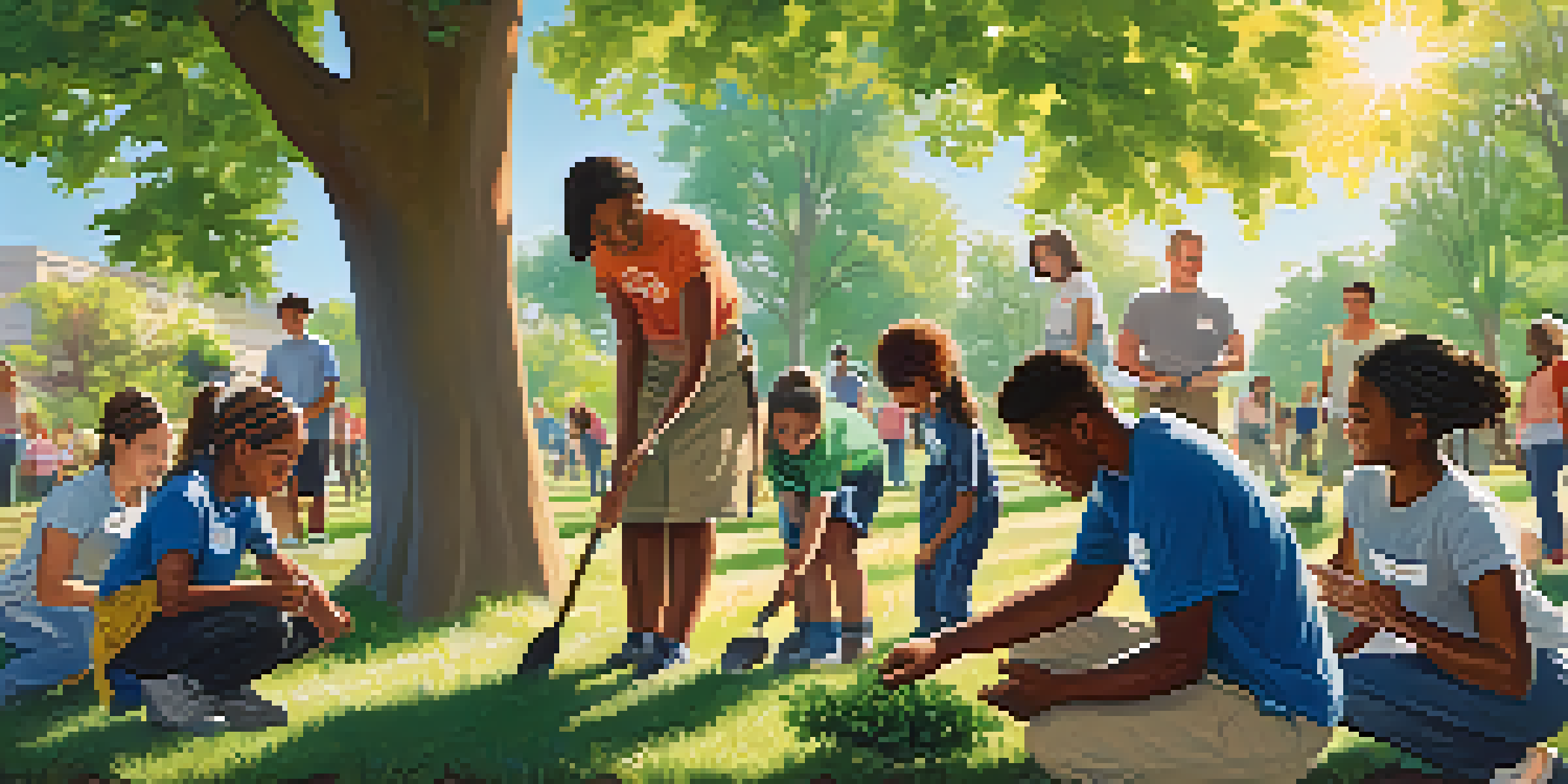 A diverse group of volunteers planting trees in a sunny community park, surrounded by greenery and flowers.