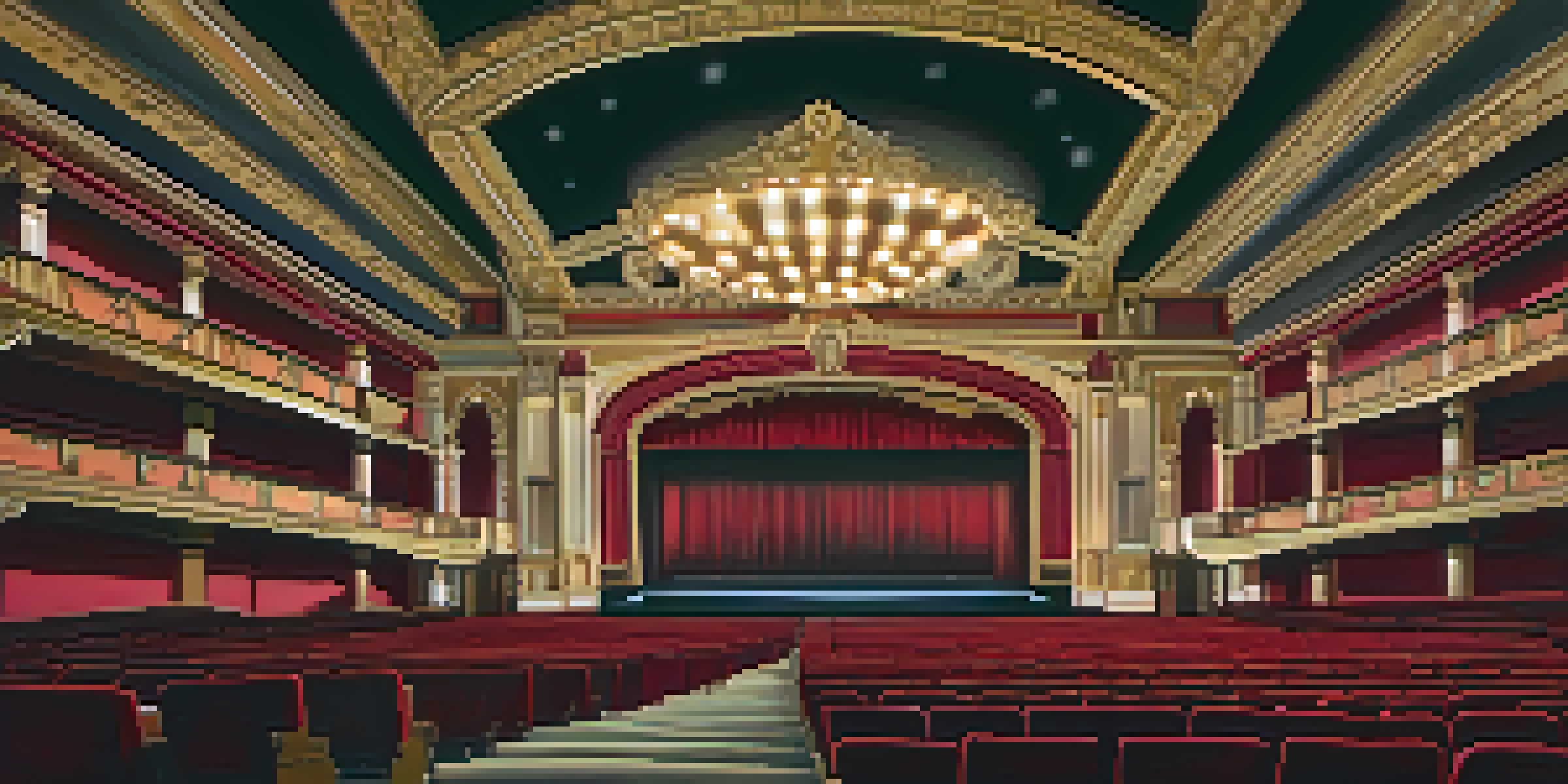 An interior view of the Arlington Theatre with vintage decor, warm lighting, and a ghostly woman in vintage clothing watching a film.