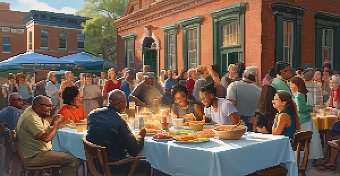 A lively potluck dinner at a historical society with people sharing stories and traditional dishes, illuminated by string lights.