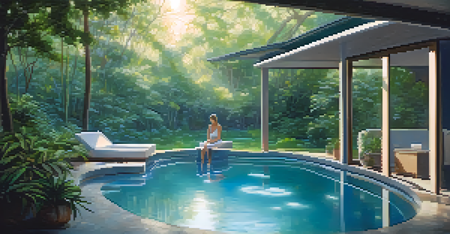 A hydrotherapy pool surrounded by greenery and soft lighting, depicting a person relaxing in warm water.