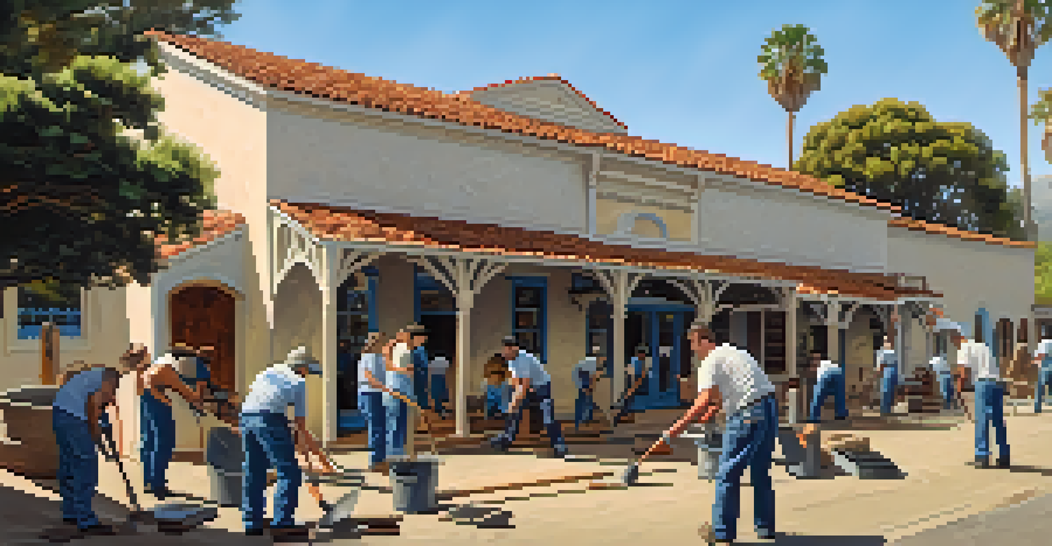 A community volunteer day with diverse individuals restoring a historical landmark in Santa Barbara.