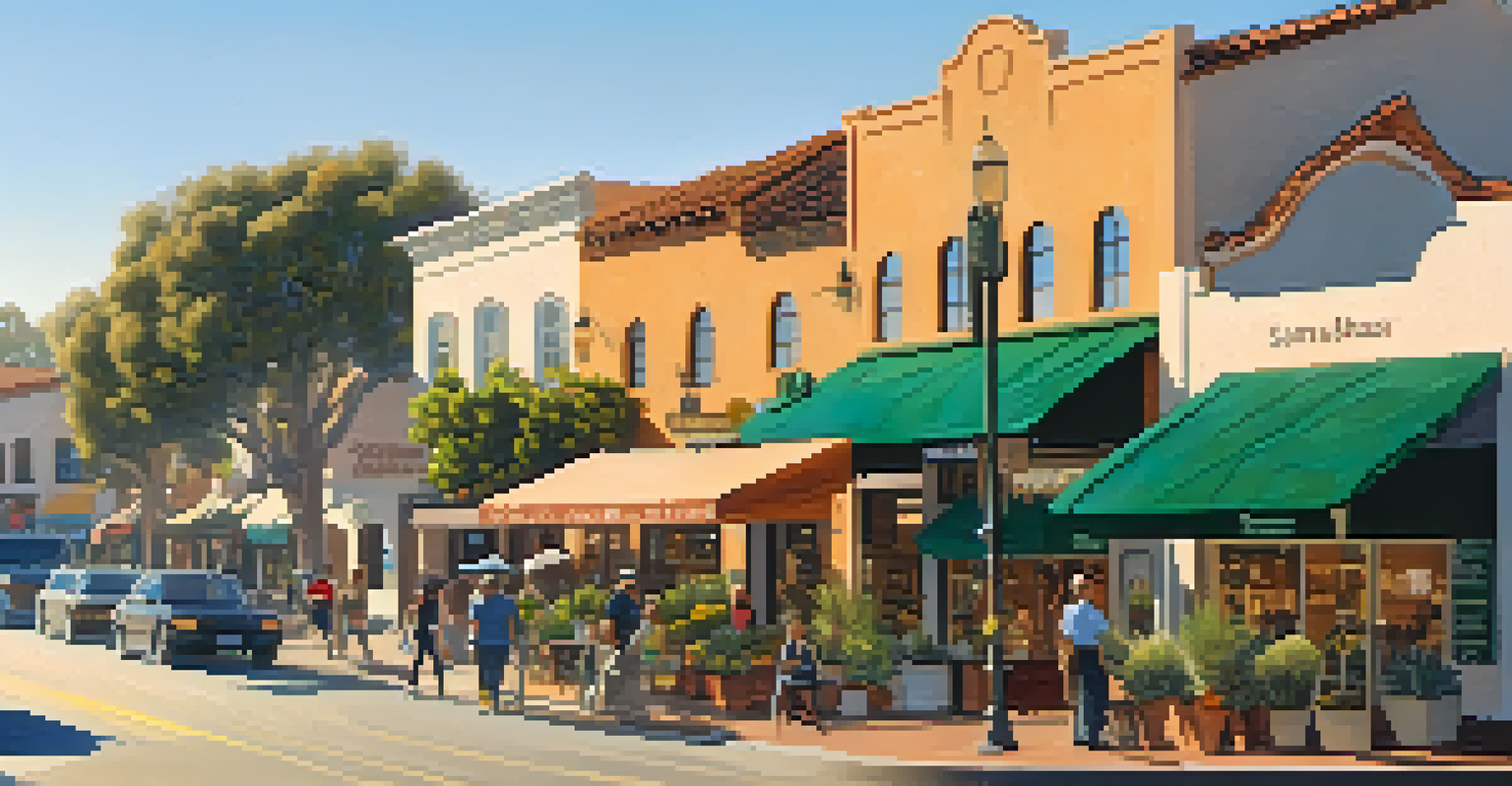 A Santa Barbara street with businesses featuring solar panels and green roofs, filled with pedestrians during sunset.