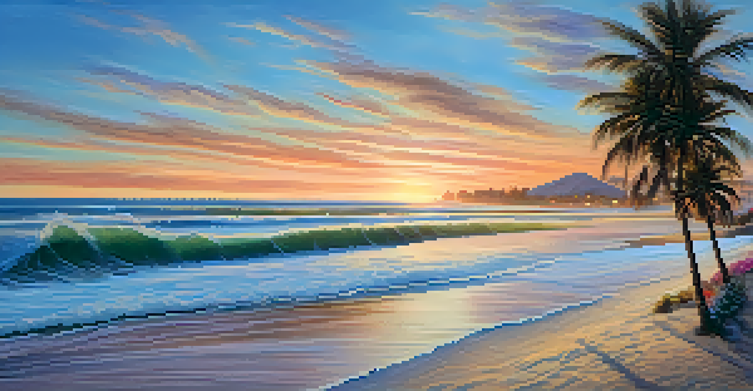 A peaceful sunset at East Beach with palm trees, soft sand, and gentle waves creating a dreamy effect.