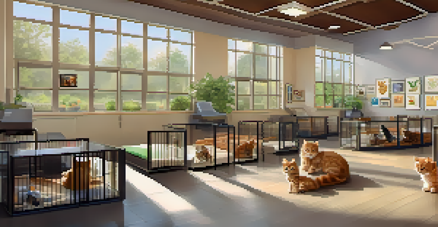 An indoor pet adoption event with cats and small pets in enclosures, warm lighting, and volunteers helping visitors.