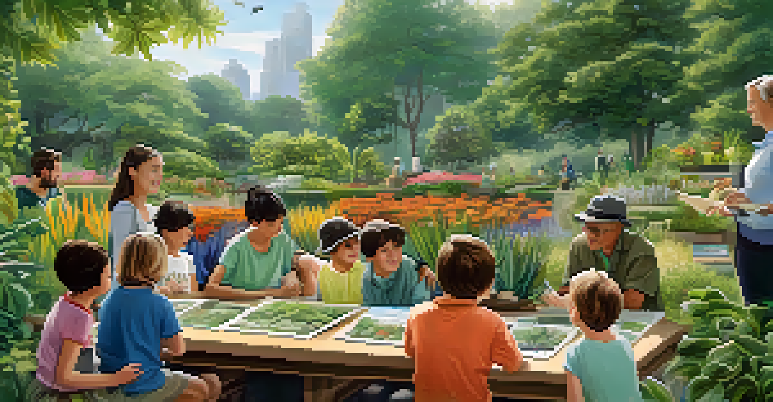 A workshop in a botanical garden with visitors learning about plant biodiversity from a guide.