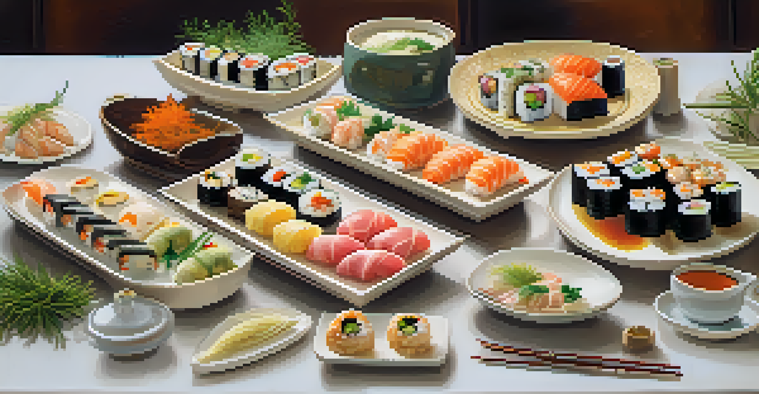 An elegant table set with an assortment of culinary dishes including sushi, pasta, and pastries, surrounded by a warm kitchen atmosphere with soft lighting.